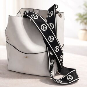 WISHBONE COLLECTION White Bucket Bag with Black Patterned Strap + pouch bag